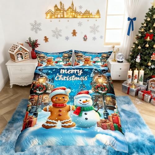 Gingerbread Man Duvet Cover Set Full Size,Cute Snowman Merry Christmas Kids Bedding Set,Snowflake Winter Xmas Poinsettia Room Decor,Blue Brown Quilt Cover,2 Pillowcases(No Comforter) by Manfei