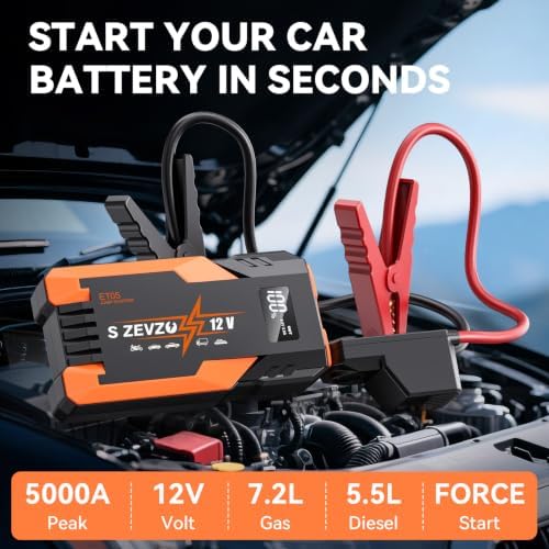 S ZEVZO ET05 Jump Starter 5000A Portable Car Jump Starter Battery Pack (7.2L Gas/ 5.5L Diesel), 51.8Wh 12V Jump Box with USB Ports, LCD Display and 3 Modes Flashlight - Image 2