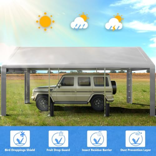 Jocoevol Carport 10x20 FT Enclosed Carport with Roll-up Windows, Portable Garage with Removable Sidewalls & Doors, Car Canopy Tent with Sandbags All-Season Tarp for Car Motorcycle Boat Truck Gray - Image 4