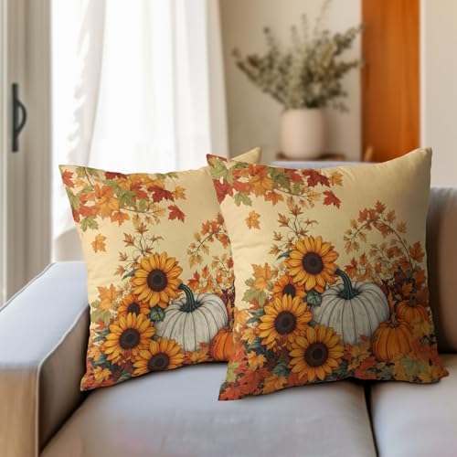 Fall Sunflower Pillow Covers 18x18 Set of 2 Pumpkin Thanksgiving Harvest - Image 3