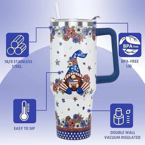 4th of July Tumbler with Handle 40 oz Gnomes Stars Flags Coffee Travel Mug Stainless Steel Poppy Flower Insulated Cups Independence Day Memorial Day Decor Gifts - Image 5