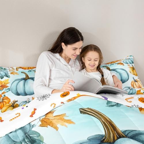 Erosebridal Kids Fall Pumpkin Bedding Twin for Teenagers Girls Boys, Blue Pumpkin Decor Comforter Set Autumn Leaves Bedding Comforter Sets 2 Pieces, Rustic Farmhouse Quilt with 1 Pillowcase - Image 6