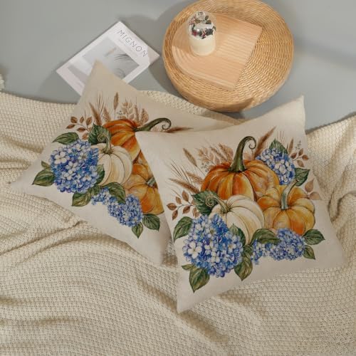 Fall Orange Pumpkin Hydrangea Floral Pillow Covers 18x18 Set of 2 - Image 6