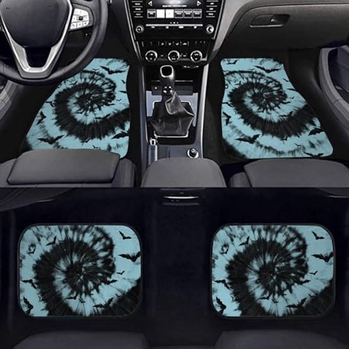 Aqua Black Tie Dye Bat Print Funny Halloween Car Floor Mats 4 PCS, Cute Durable Interior Accessories for Car SUV, All Weather Floor Mats with Front Rear Trunk Liners Set for Party
