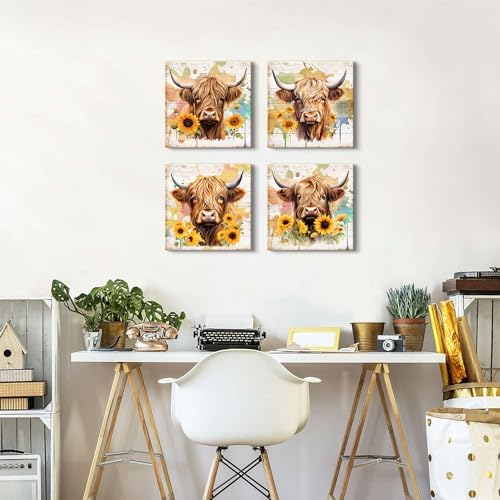 Highland Cow Wall Art Rustic Farmhouse Sunflower Canvas Pictures for Bathroom Kitchen Decor Watercolor Farm Animal Cattle Prints Painting Modern Artwork Bedroom Living Room Home Decorations 12x12” 4 - Image 4