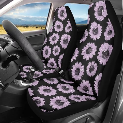 Black Mauve Sunflower Print 2 PCS Cool Graphic Car Seat Covers Unique Print Front Auto Seat Cover,Car Bucket Seats Protector Covers Universal fit for SUV Sedan Van