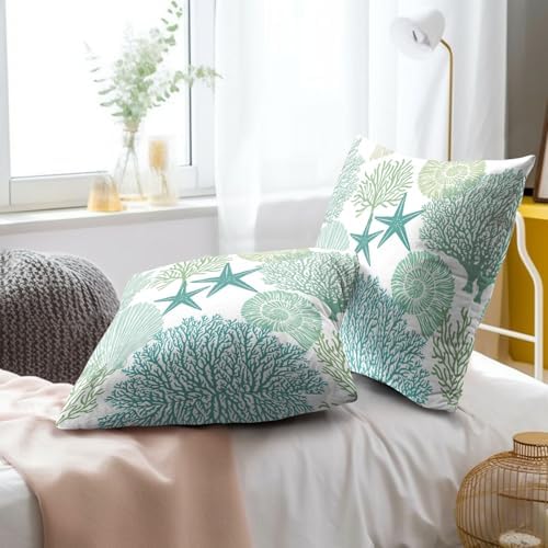 Summer Ocean Themed Nautical Coastal Throw Pillow Covers 18X18 Inches Set of 2 Aqua Teal Seashell Starfish Coral Pillowcase Soft Cotton Square Cushion Covers for Home Sofa Patio Bedroom Decoration - Image 5