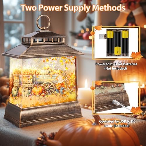 Fall Snow Globe Lantern Thanksgiving Pumpkins Spinning Water Lantern with Swirling Glitter 6H Timer Remote Control Fall Decorations for Home Thanksgiving Autumn Harvest (Pumpkin Wagon) - Image 4