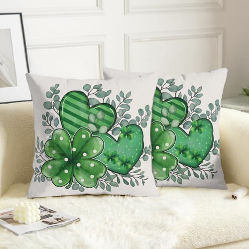 Sweetshow St Patricks Day Pillow Covers 12x12 Inches Lucky Green Shamrock Eucalyptus Heart Throw Pillow Case Set of 2 Irish Spring Pillows Cotton Linen Cushion Cover for Home Couch Sofa Livingroom - Image 6
