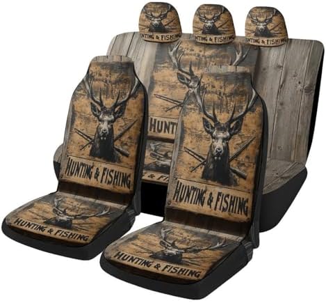 Deer Pattern Car Seat Covers, Trendy Universal Car Seat Protector Full Set, Automotive Seat Covers for Front Seats Rear Seat Back Seat Gift (Hunting Deer Fishing Sign, 2PC Front Seat Set)