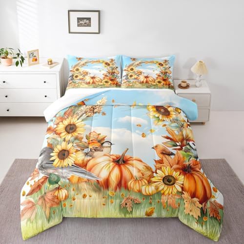 Twin Size Thanksgiving Comforter Set Sunflower Accessories Bedding, Kids Fall Decorations for Home Bedding Comforter Sets Autumn Decorations Fall Leaves Duvet Insert 2Pcs for Boys Girls Adults by Erosebridal