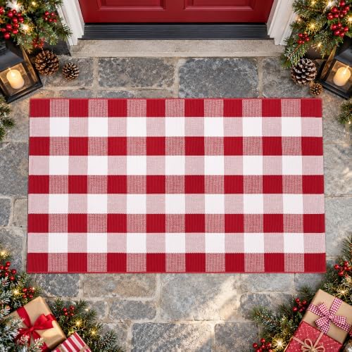 Christmas Red and White Plaid Area Rug 5 x 7 Feet, Cotton Hand-Woven Buffalo Check Rug, Washable Holiday Floor Mat for Living Room, Bedroom and Farmhouse Home Decor - Image 7