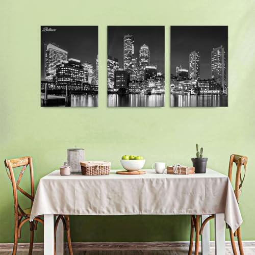 Baltimore Skyline Wall Art Black and White Night Maryland Skyscraper Pictures Prints Office Wall Decor USA Cityscape Canvas Painting Harbor City Panoramic Artwork for Bedroom Home Decoration 24x36" 3P - Image 5