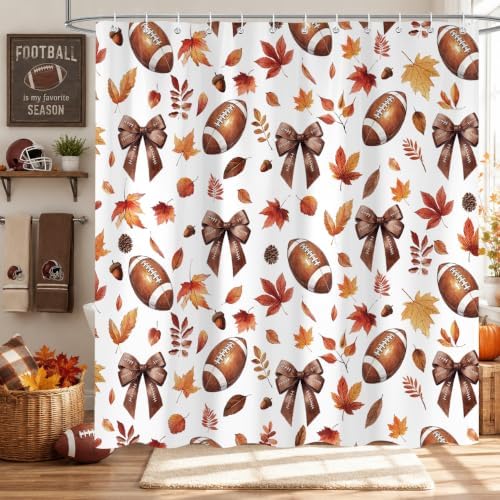 Fall Shower Curtain, Autumn Football Bowknot Fallen Leaves Shower Curtain for Bathroom Decor, Funny Fall Thanksgiving Fabric Bath Curtain for Bathroom Set, 72 X 72 Inch by Sokdacm
