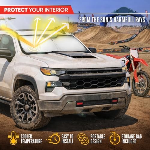 Motor Trend Custom Fit GMC Sierra & Chevy Silverado Windshield Sun Shade - Fits All (2019-2026) Trims - Car Windshield Sunshade Sierra & Silverado Accessories - Automotive Interior Protection