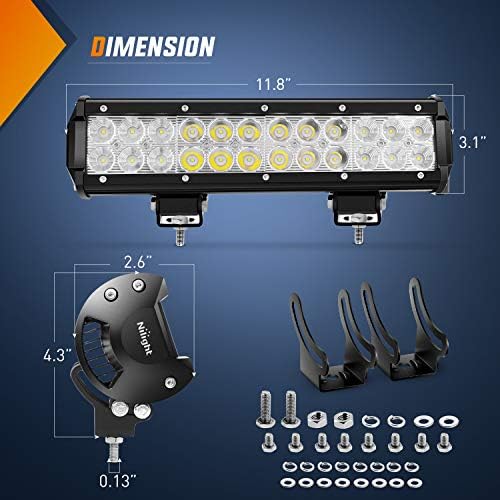 Nilight 12 Inch 72W Spot Flood Combo Led Light Bar 2Pcs 4Inch 18W Flood LED Pods Fog Lights Off Road with Wiring Harness Kit-3 Leads for Van Camper Car Pickup Golf Cart ATV UTV SUV Truck Boat 4x4