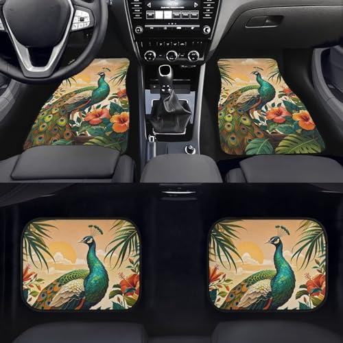 Peacock Car 4 Piece Floor Mat Set, Hibiscus Tropical Floral Universal Fit Protection Heavy Duty Heel Pad Car Mats, Sunset Monstera Car Floor Front and Rear 2 Rows Set