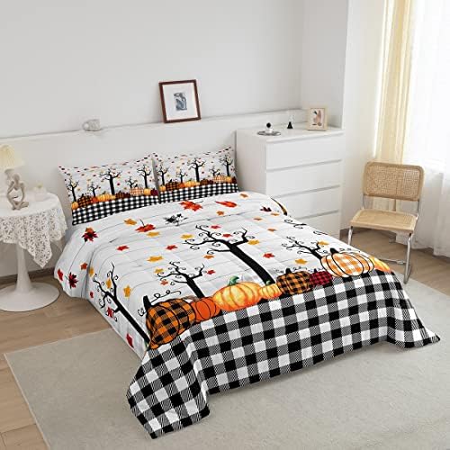 Fall Pumpkin Harvest Comforter Set Full Size Black White Plaid Bedding Set For Kids Boys Halloween Maple Leaves Autumn Down Comforter Geometric Buffalo Grid Duvet Set Retro Room Decor, Orange - Image 2