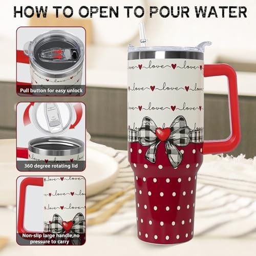 Valentines Tumbler with Handle 40 oz Red Bow Gifts Love Hearts Coffee Travel Mug Stainless Steel Insulated Cup Valentines Anniversary Wedding Birthday Gifts for Women - Image 4