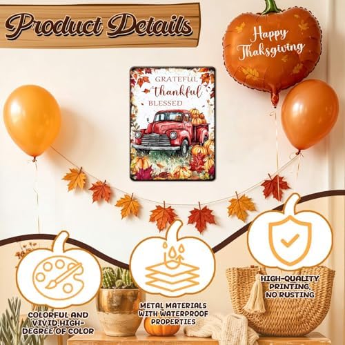 Thanksgiving Day Pumpkin Retro Tin Sign Grateful Thankful Blessed Metal Wall Decor for Studio Mall Living Room Kitchen 12x16Inch - Image 3