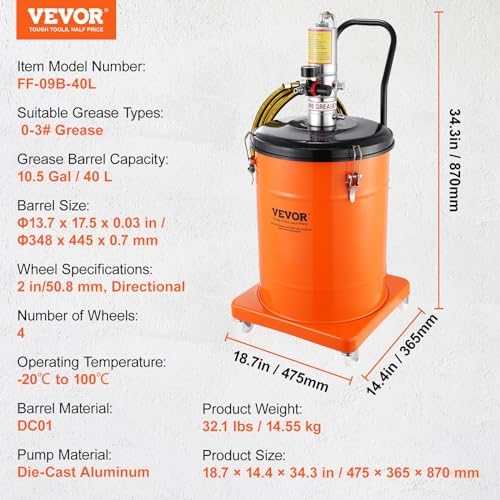VEVOR Grease Pump, 10.5 Gallon Air Grease Pump with 13 ft High Pressure Hose and Grease Gun, 40L Pneumatic Grease Pump with Wheels, Portable Lubrication Grease Pump - Image 6
