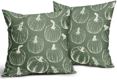 Sage Green Fall Pumpkin Pillow Covers 20x20 Set of 2 Autumn Themed Thanksgiving Cream Print Decorative Throw Pillows Outdoor PillowCase Farmhouse Linen Cushion Case Decor for Home Sofa Couch Bed - Image 2