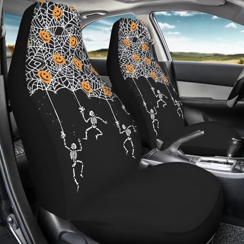 White Spider Web Skeleton Black Halloween Print 2 PCS Cool Graphic Car Seat Covers Unique Print Front Auto Seat Cover,Car Bucket Seats Protector Covers Universal fit for SUV Sedan Van