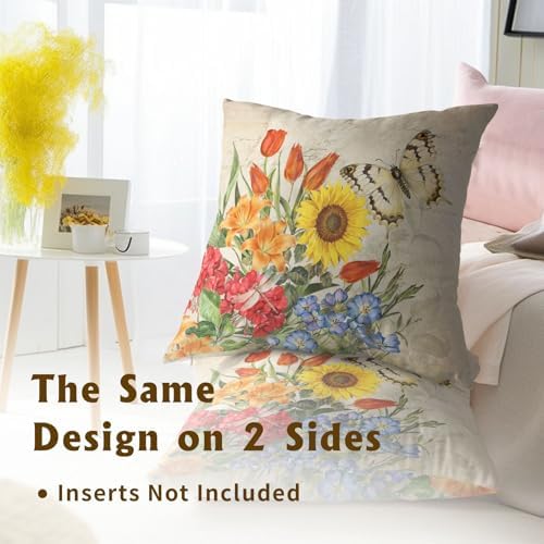Sweetshow Spring Summer Colorful Floral Throw Pillow Covers 16X16 Inches Set of 2 Butterfly Flower Chinoiserie Pillowcase Soft Cotton Square Seasonal Cushion Covers for Living Room Sofa Bedroom Decor - Image 5