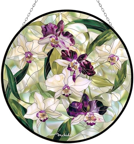 Personalized Orchids Stained Glass Window Hangings, Handcrafted Stained Glass Suncatchers, Gift for Cat Lovers Nature Lovers 12”x12” Mothers Day by 365CUSGIFTS