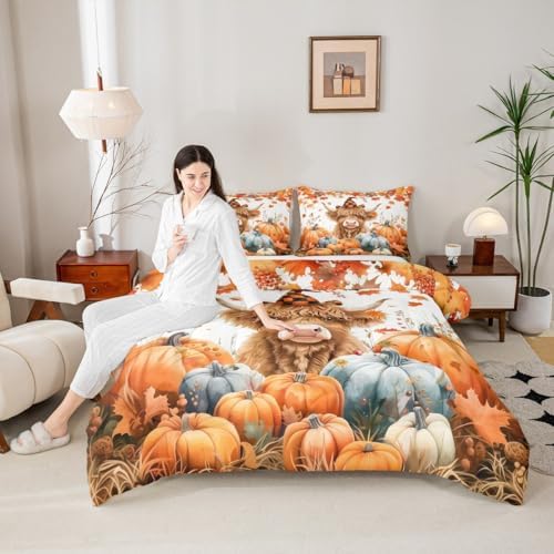 Feelyou Fall Bedding Set for Girls Boys Kids Toddler Size Maple Leaves Pumpkin Comforter Cover Room Decor Highland Cow Duvet Cover Orange White Quilt Set - Image 5