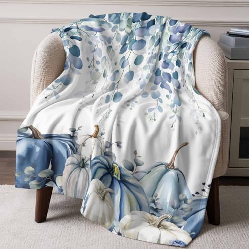 DecorLovee Blue Grey Fall Blanket 40"x50", Reversible Eucalyptus Leaves Throw Blanket for Couch/Bed, Thanksgiving Pumpkins Lightweight Soft Throw Blankets for Girls, Warm Fuzzy Blankets for Winter - Image 6