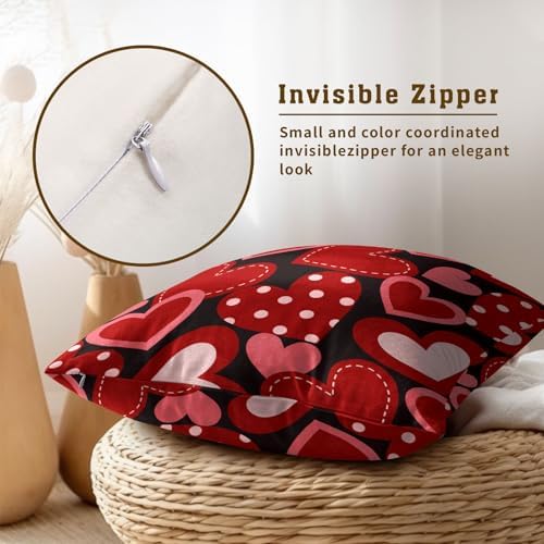 Valentine's Day Throw Pillow Covers 18X18 Inches Set of 2 Red Heart Black Pillowcase Soft Cotton Square Cushion Covers for Anniversary Wedding Home Sofa Bedroom Decoration - Image 4