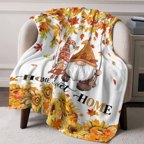 DecorLovee Orange Fall Blanket 40"x50", Reversible Gnomes Thanksgiving Throw Blanket for Couch/Bed, Maple Leaf Sunflower Lightweight Soft Throw Blankets for Girls, Warm Fuzzy Blankets for Winter - Image 6