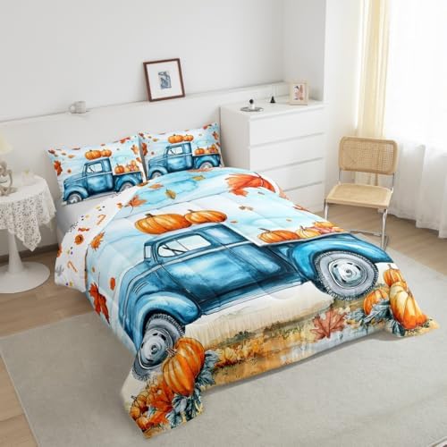Erosebridal Pumpkin Comforter Set Cartoon Car Bedding Comforter Sets Blue Pumpkin Bedding for Toddler Youth, Boys Autumn Leaf Duvet Insert 3Pcs Fall Decor - Queen, 1 Comforter with 2 Pillowcases - Image 3
