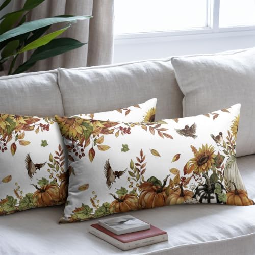 Fall Sunflower Throw Pillow Covers 12x20 Set of 2 Autumn Buffalo Plaid Pumpkin Thanksgiving Pillow Covers Bird leaves berries Pillowcase Vintage for Kitchen Sofa Cushion Outdoor Bedroom Decoration - Image 7