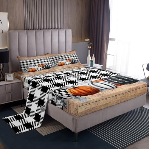 Fall Pumpkins Bed Sheets King Rustic Farmhouse Thanksgiving Theme Beddig Set Black White Buffalo Plaid Fitted Sheet Happy Autumn Fall Sheet Set Wooden Board Flat Sheet 2 Pillow Cases Home Room Decor - Image 2
