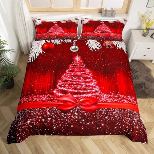 Merry Christmas Kids Duvet Cover Set Queen Size,Snowflake Christmas Tree Bowknot Bedding Set,Girls Boys Adults Room Decor,Red Gradient Lines Glitter Comforter Cover,Romantic Quilt Cover,2 Pillowcases by Manfei