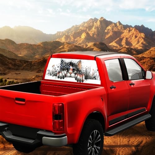 Cute Cat Rear Window Decals for Trucks, Cartoon Animal American Flag Window Decal Back Window Tint Graphic Perforated Vinyl Pickup Truck Stickers 66 x 22 inch