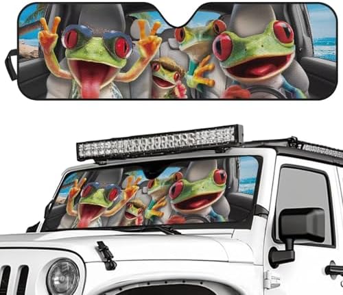 Renewold Funny Red Eyed Tree Frog Car Windshield Sunshade Sun Visor Cover for Jeep Wrangler JK JKU JL 1997-2023 2/4 Door Keep Cool Blocks Heat Sunlight Sun Shade Shield for Jeep Gladiator JT 2020-2023