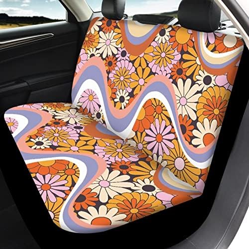 Trendy 60s 70s Wavy Swirl Hippy Floral Print Car Front Seat Covers Y2K Colorful Groovy Daisy Psychedelic Hippie Car Accessories with Rear Bench Covers Auto Interior Decor Protector 4 Packs