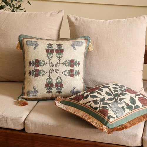 patdrea Designer Throw Pillow Covers Set of 2,French Elegant Green Linen with Rose and Animal Floral Pattern Pillow Covers,Decorative Square Pillowcases Cushion for Bed Living Room Outdoor,18"x18" - Image 6