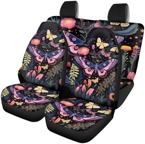 Pink Wild Forest Moth Butterfly Floral Car Seat Covers Starry Nights Fern Plants Flower Print Front Rear Seat Covers Auto Interior Decorative Auto Accessories Set of 4 for Cars,Trucks