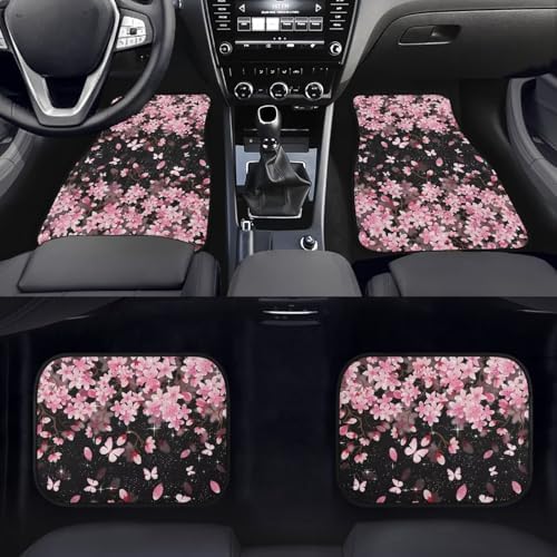 GLENLCWE Cherry Blossoms Car Floor Mats Pink Floral Universal Fit Waterproof Rubber Auto Rugs Carpet 4 PCS Front Rear Car Floor Mats for SUVs Trucks Interior Accessories