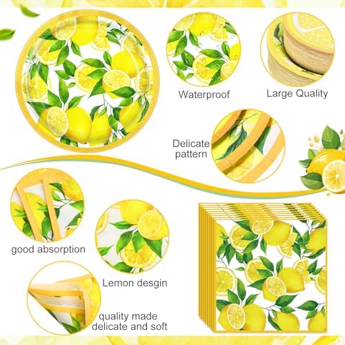 Funnymoom 452 Pcs Lemon Party Decorations, Yellow Lemons Paper Plates Napkins Cups Tablecloth Cutlery Straws for Summer Fruit Theme Birthday Wedding Baby Shower Party Supplies, Serves 50 - Image 3
