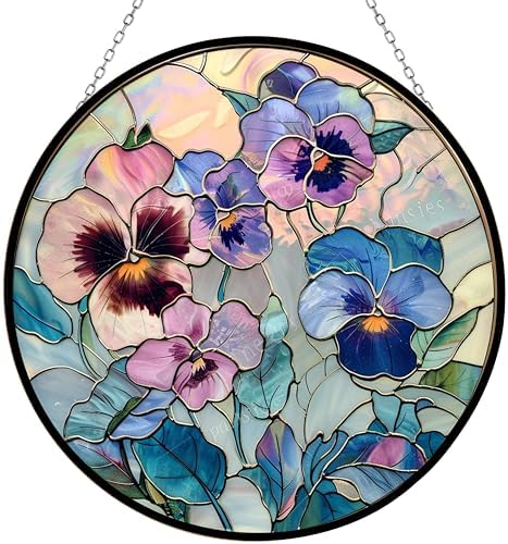 Pansies Suncatchers for Windows,12” Stained Glass Window Hangings,Hand-Painted Glass Panel Perfect for Home Décor by 365CUSGIFTS