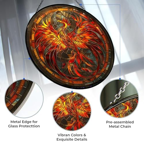 Stained Glass Window Hanging, Phoenix Dragon Suncatcher Diamond Glass Panel Landscape Sun Catchers Decor for Birthday for Women, Men, Wife, Aunt, and Mom 7.8 in - Image 2