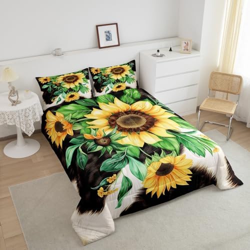 Erosebridal Sunflower Decor Bedding Comforter Sets Cowhide Bedding Full Size Cow Print Comforter Set for Toddler, Sunflower Gifts for Women Bedding Farmhouse Fall Decor Down Comforter for Youth Teens - Image 3