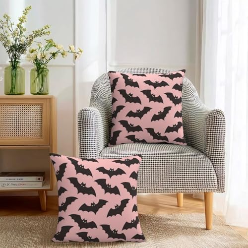 KiuLoam Halloween Pink Black Bats Pillow Covers 24x24 Inch Set of 2, Spooky Bat Print Decorative Throw Pillows, Rustic Farmhouse Outdoor Cushion Covers for Sofa Couch Living Room Bedroom - Image 3