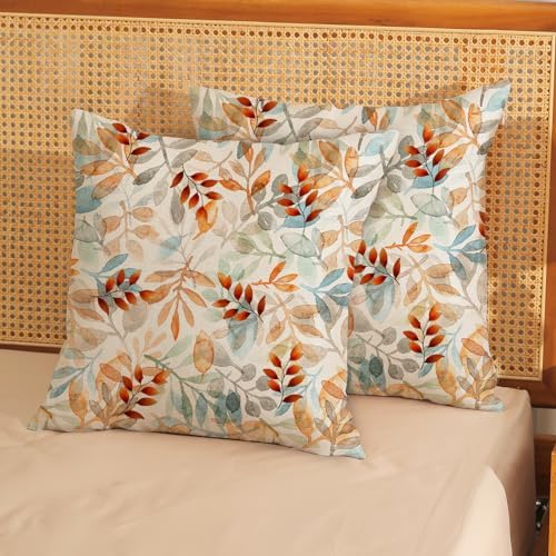 Fall Pillow Covers 18x18 Set of 2 Orange Blue Watercolor Leaves Pillowcase Autumn Thanksgiving Outdoor Decorative Throw Pillow Covers Linen Farmhouse Cushion Case for Couch Home - Image 3