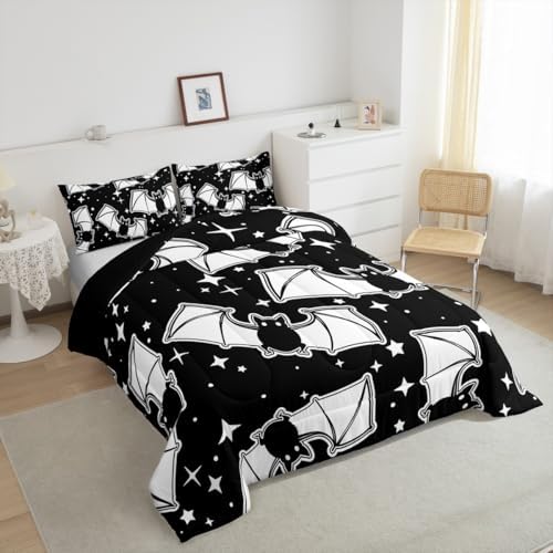 Feelyou Halloween Bedding Set for Girls Boys Kids Toddler Size Black Bats Animal Print Silhouette Comforter Cover Room Decor Happy Holiday Cute Star Print Luxury Duvet Cover Black Quilt Set - Image 2
